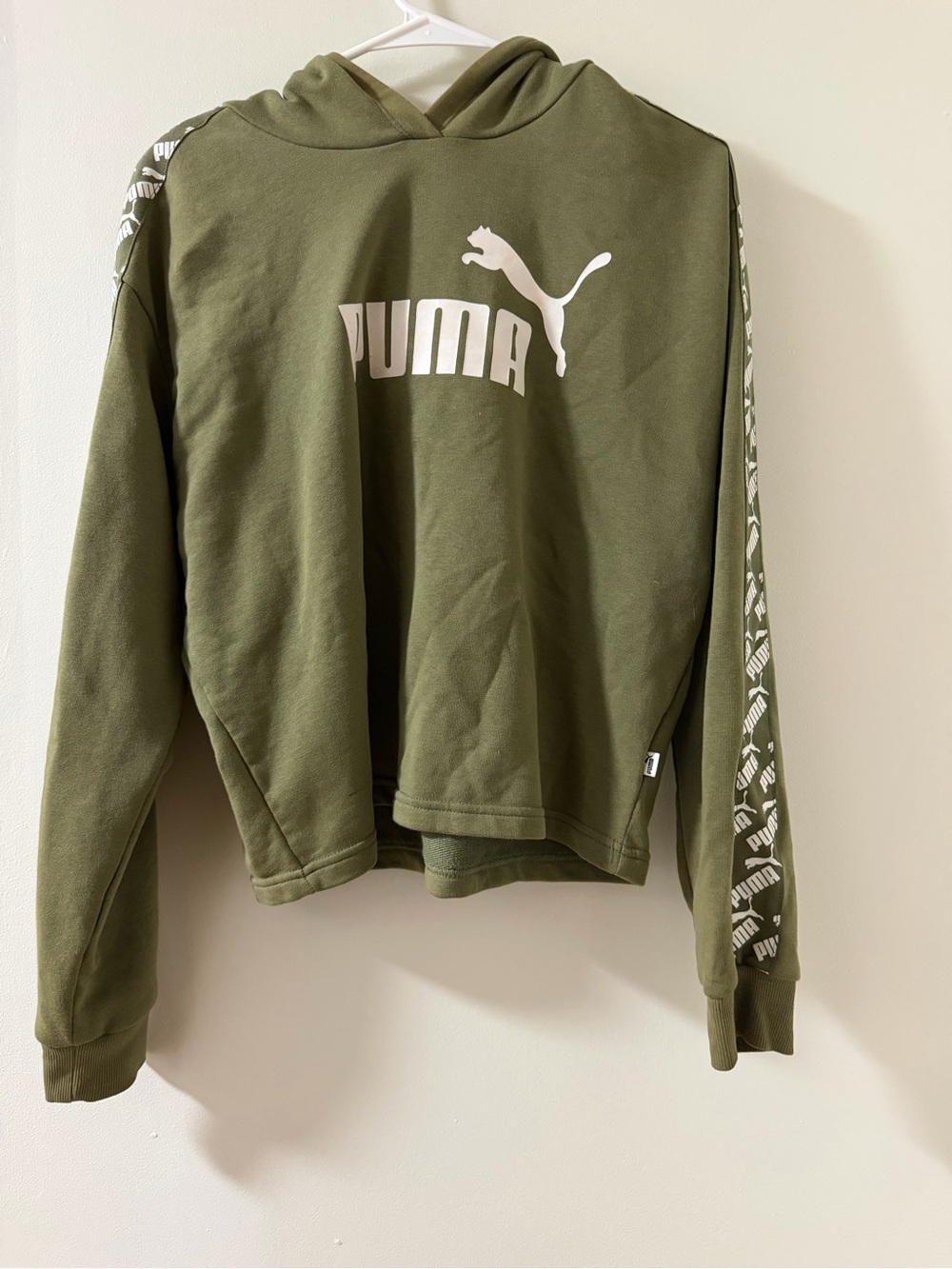 Puma Hoodie Women Medium Olive Green Like New Logo Tape Sleeve Pullover